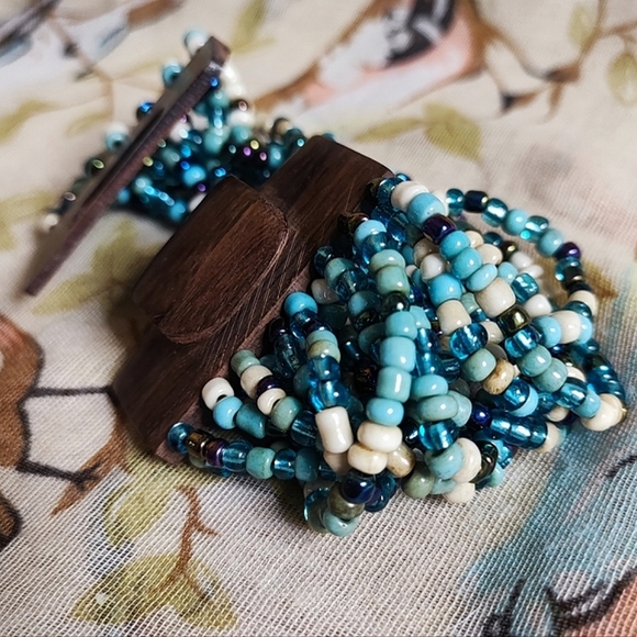 Wood Clasp Seed Beaded Blue Turquoise Cream Twisted Stretch Vintage Bracelet MCM - Picture 8 of 16